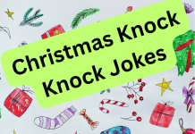 Festive Christmas knock-knock joke for kids with holiday graphics: Knock knock. Who’s there? Avery. Avery who? Avery merry Christmas to you. Fun, clean holiday joke for children, parents, and teachers