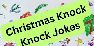 Festive Christmas knock-knock joke for kids with holiday graphics: Knock knock. Who’s there? Avery. Avery who? Avery merry Christmas to you. Fun, clean holiday joke for children, parents, and teachers