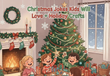 Christmas Jokes Kids Will Love + Holiday Crafts Children laughing and making Christmas crafts surrounded by decorations and a Christmas tree