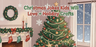 Children laughing and making Christmas crafts surrounded by decorations and a Christmas tree