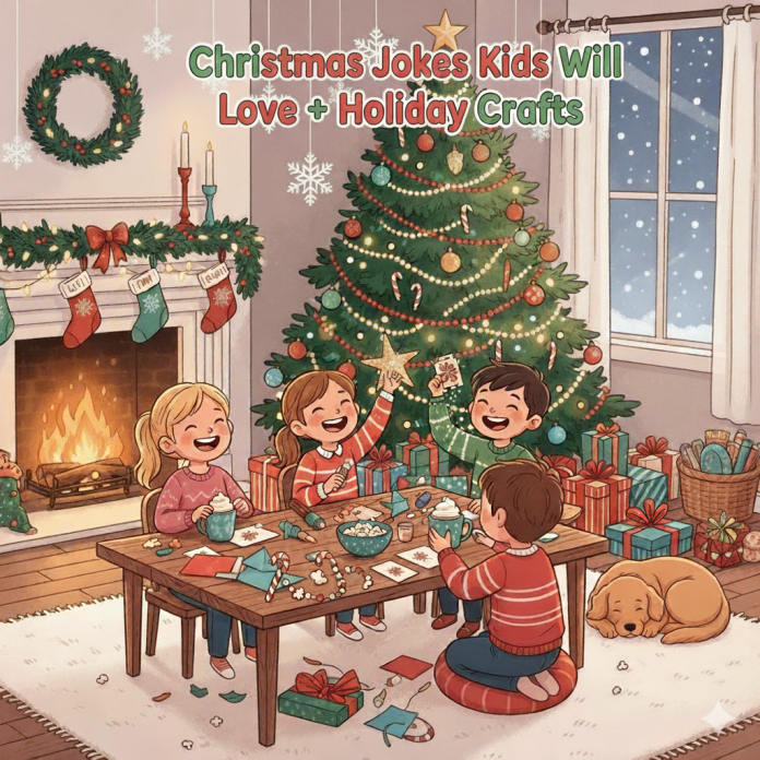 Children laughing and making Christmas crafts surrounded by decorations and a Christmas tree