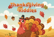 Cute cartoon turkey with pumpkins and fall leaves for Thanksgiving riddles page.