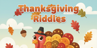Cute cartoon turkey with pumpkins and fall leaves for Thanksgiving riddles page.