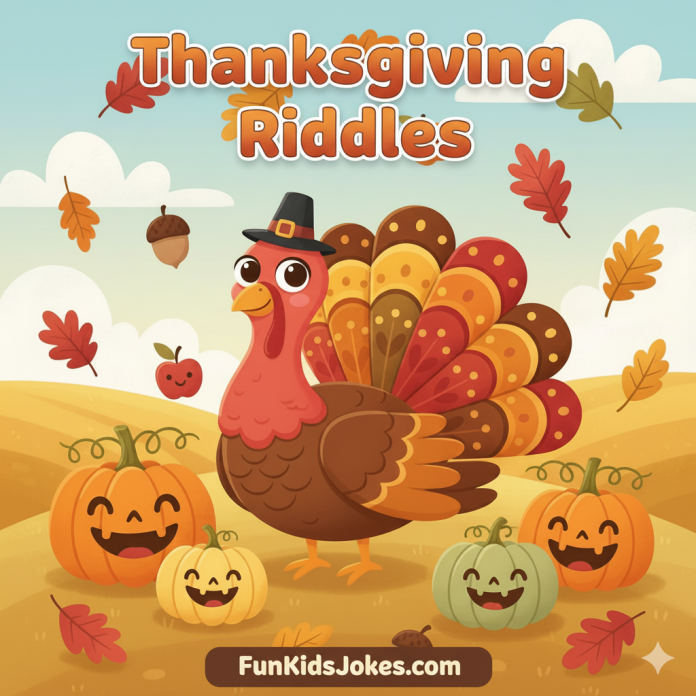 Cute cartoon turkey with pumpkins and fall leaves for Thanksgiving riddles page.