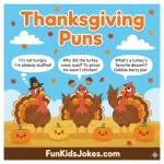Clean Thanksgiving Puns & One-Liners for Kids, Parents & Teachers Cute Thanksgiving illustration with turkeys and pumpkins for kids’ puns