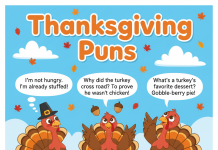 Cute Thanksgiving illustration with turkeys and pumpkins for kids’ puns