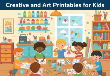 Creative & Art Printables for Kids – Coloring, Drawing, DIY & Craft Activities Kids having fun with creative and art printables like coloring pages, drawing prompts, DIY masks, and paper dolls