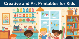 Kids having fun with creative and art printables like coloring pages, drawing prompts, DIY masks, and paper dolls