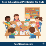 Kids using educational printables like alphabet tracing, number tracing, and simple math puzzles