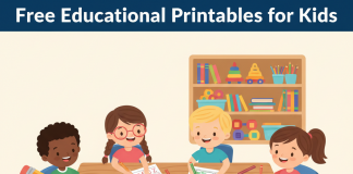 Kids using educational printables like alphabet tracing, number tracing, and simple math puzzles