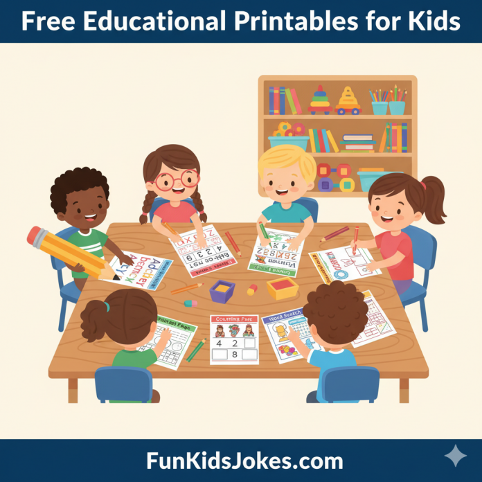 Kids using educational printables like alphabet tracing, number tracing, and simple math puzzles