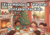 Kids enjoying holiday and seasonal printables including coloring, puzzles, and games