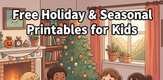 Kids enjoying holiday and seasonal printables including coloring, puzzles, and games