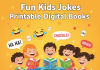 Fun Kids Jokes Printable - Kids laughing and enjoying Fun Kids Jokes printable eBooks with joke icons and speech bubbles