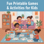 Kids playing with printable games and activity sheets indoors, including bingo, mazes, and scavenger hunts