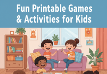 Free Kids Printable Games & Activity Sheets Kids playing with printable games and activity sheets indoors, including bingo, mazes, and scavenger hunts