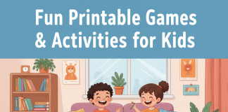 Kids playing with printable games and activity sheets indoors, including bingo, mazes, and scavenger hunts