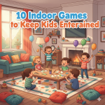 Kids playing indoor games and laughing together at home