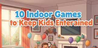 Kids playing indoor games and laughing together at home