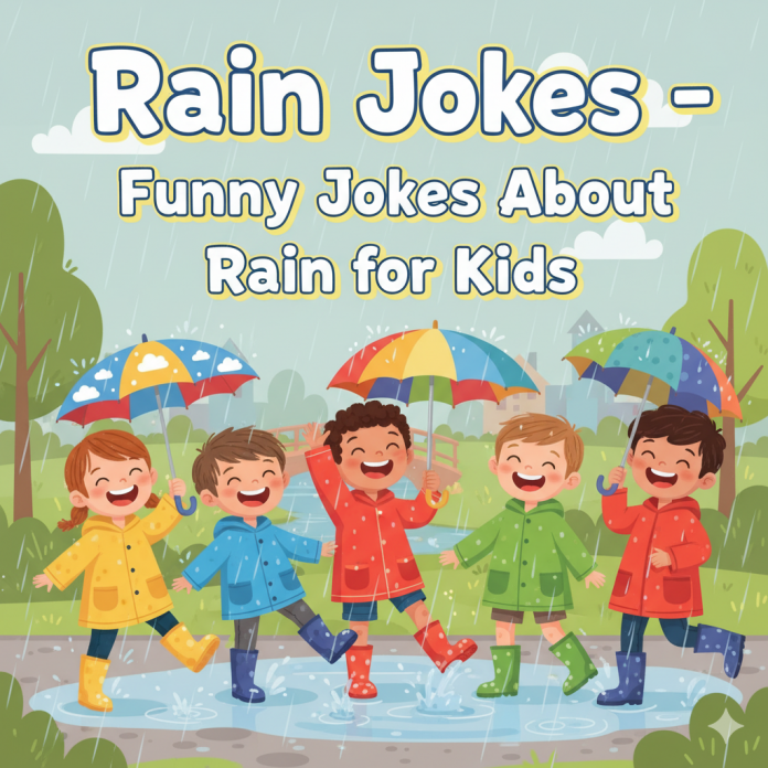 Fun Rain Jokes for Kids Kids laughing and playing in the rain with colorful raincoats and umbrellas