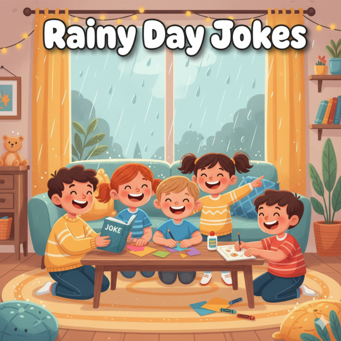 Kids laughing and having fun indoors on a rainy day with crafts and jokes